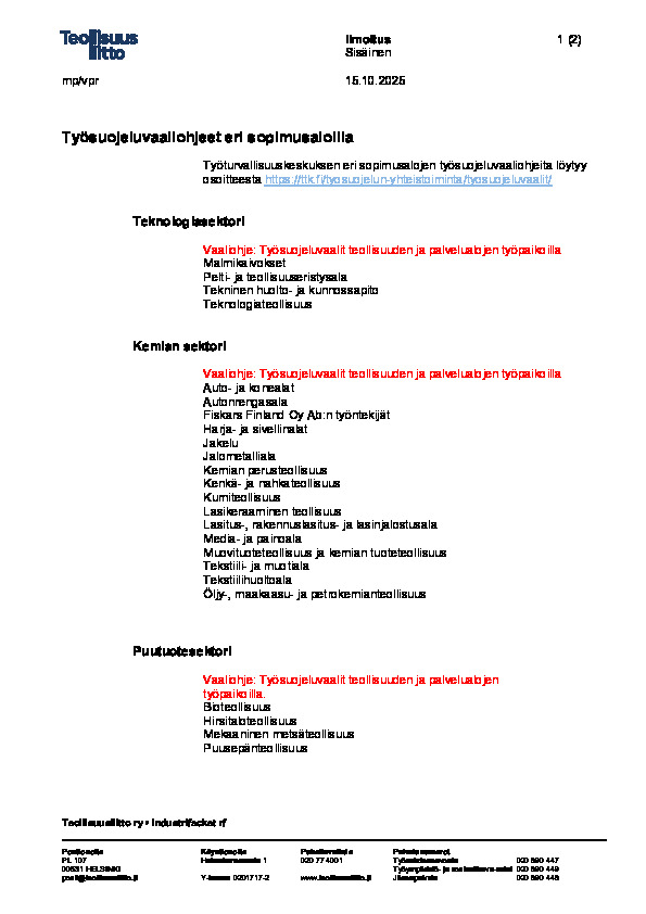 Työsuojeluvaaliohjeet Teollisuusliiton sopimusaloilla